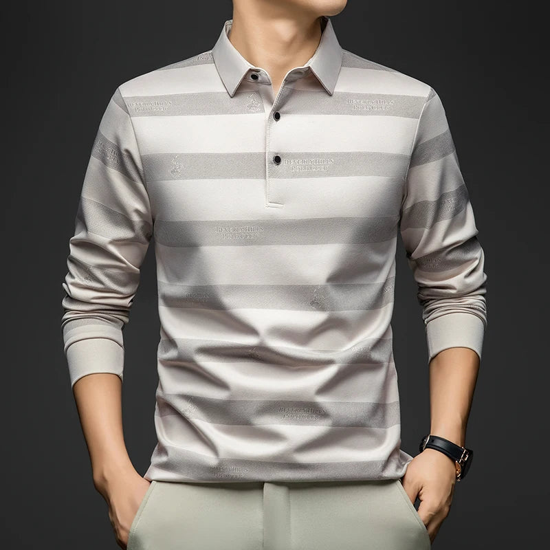 BROWON Elegant Mens Polo Shirts 2026 Spring Autumn Long Sleeve Lapel Collar Big Striped Pattern T-shirt Male New in Tops & Tees