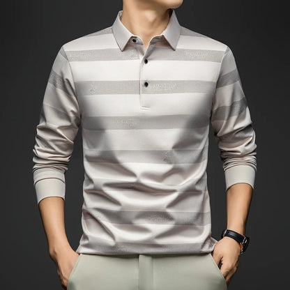 BROWON Elegant Mens Polo Shirts 2026 Spring Autumn Long Sleeve Lapel Collar Big Striped Pattern T-shirt Male New in Tops & Tees