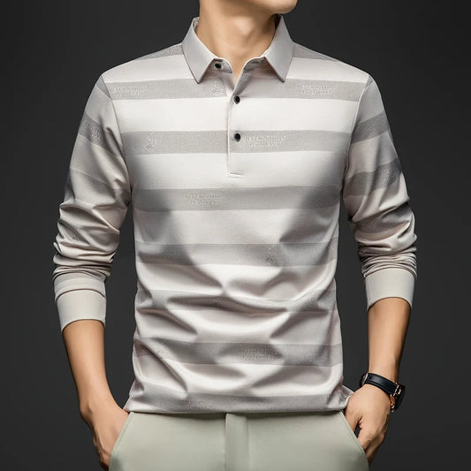BROWON Elegant Mens Polo Shirts 2026 Spring Autumn Long Sleeve Lapel Collar Big Striped Pattern T-shirt Male New in Tops & Tees