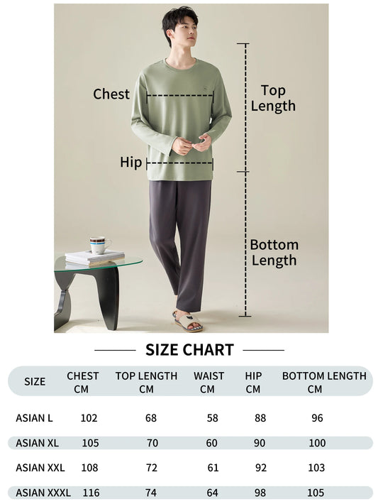 Men's 100% Cotton Long Sleeve Pajama Set, Spring Summer & All Season Plus Size Loungewear, Teen & Adult Pure Cotton Home Suit