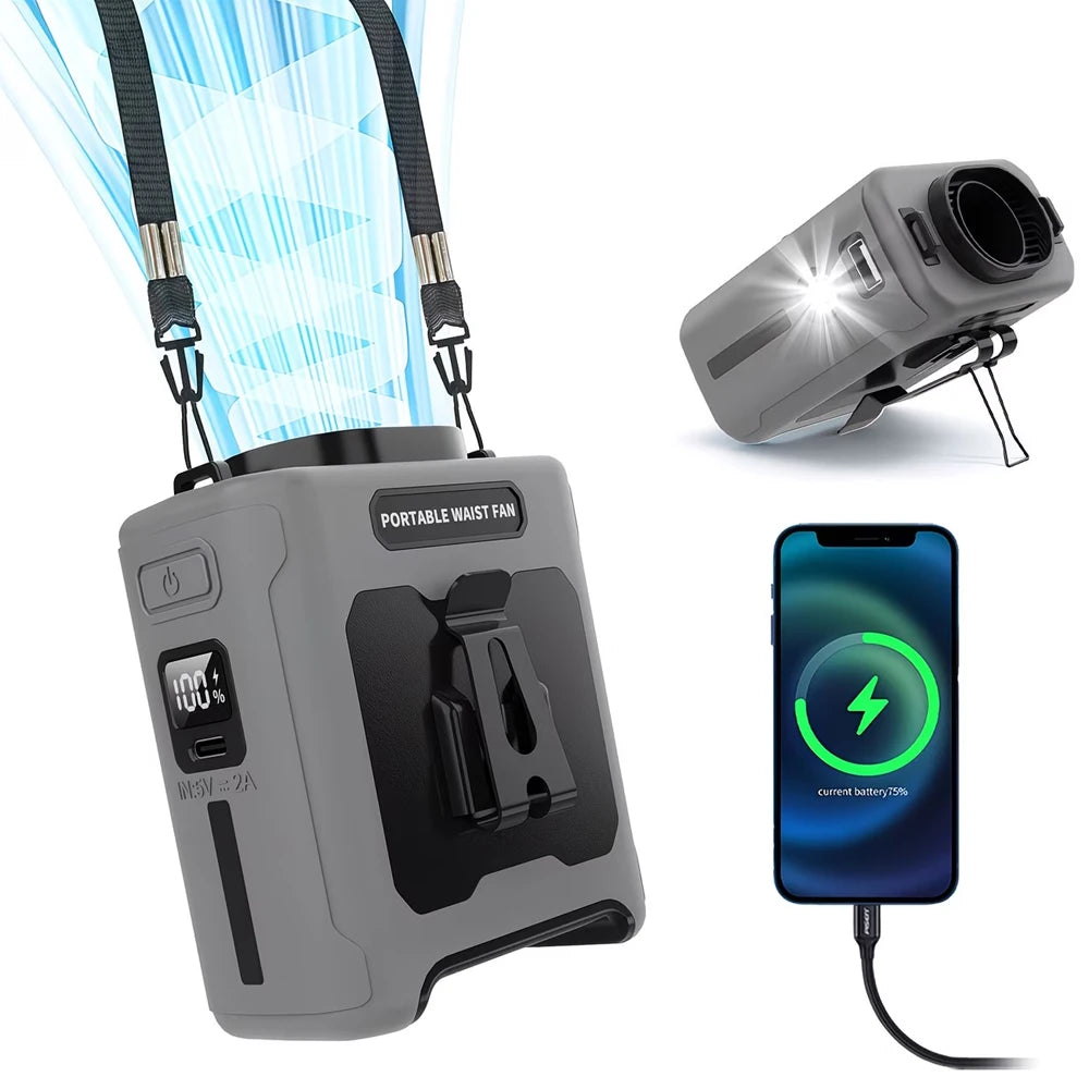 3-in-1 Waist Fan with Power Bank & Flashlight 10000mAh Strong Wind Neck Hanging Fan Portable Outdoor Mini Fan