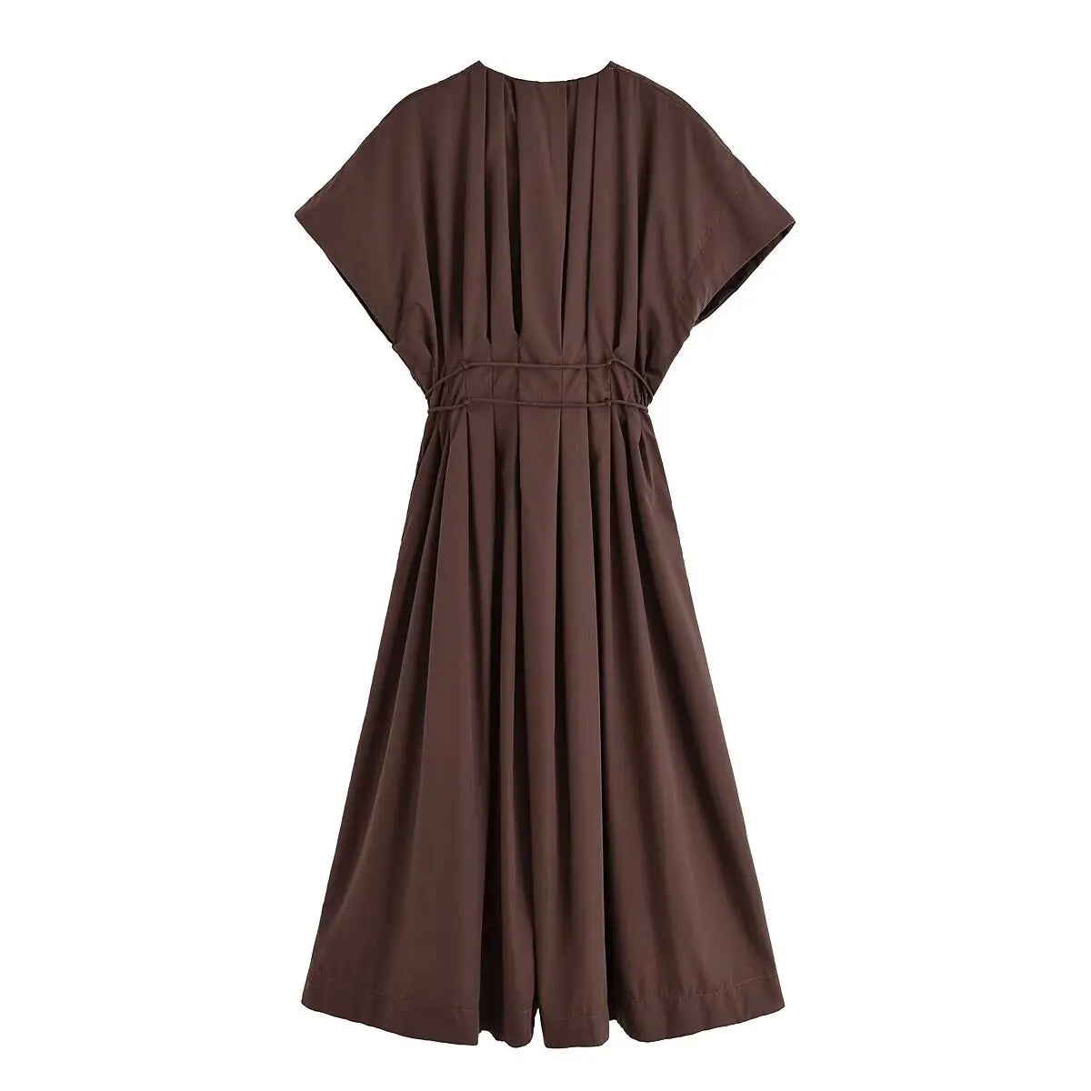 HH Women's Summer Fashion V-neck Lace-up Midi Short Sleeve Dress Female Elegant Backless Pleated Sexy Waist Long Dress