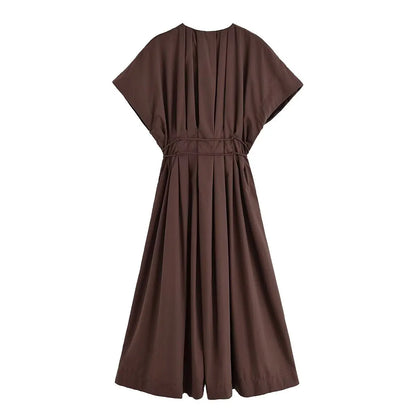 HH Women's Summer Fashion V-neck Lace-up Midi Short Sleeve Dress Female Elegant Backless Pleated Sexy Waist Long Dress