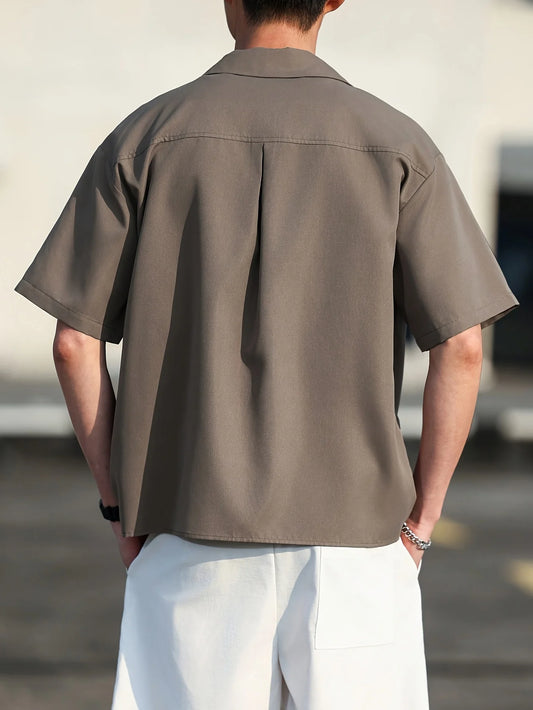 Men's Cuban Collar Casual Short Sleeve Shirt, Summer Solid Color Loose Draped Button-Up Top