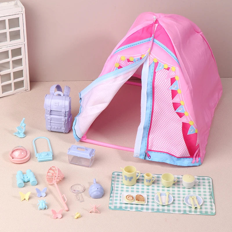 Hot-1/12 Dollhouse Simulated Tent Camping Kit Dollhouse Outdoor Picnic Camping Decor Micro Scene Photo Props Pretend Play Toys