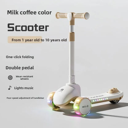 3-in-1 Kids Scooter with Seat, Foldable Toddler Kick Scooter for Boys Girls Ages 1-3-6-10, 3-Wheel Light-Up Ride-On Toy with