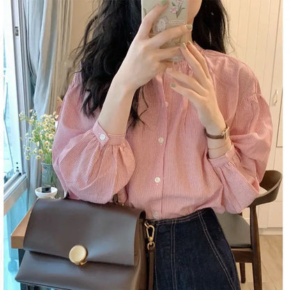 Elegant Pink Silk Stripe Shirt Women's Summer Design High-End Feel Small Size Chic Top Commute Style Loose Fit Long Sleeve