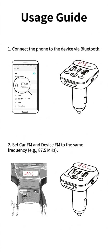 Car Bluetooth 5.0 FM Transmitter Audio Adapter RGB Colorful Light Triple Port PD Fast Charger And USB & One-Key Deep Bass Boost
