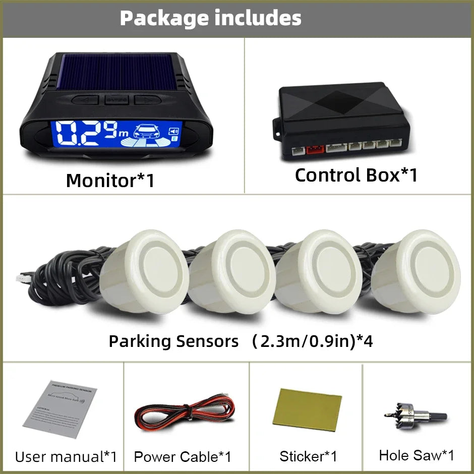 QXNY Wireless Solar Charging 4 Parking Sensors Kit Backup Radar Rear Parktronic Auto LCD Monitor Detector Assistance Reverse