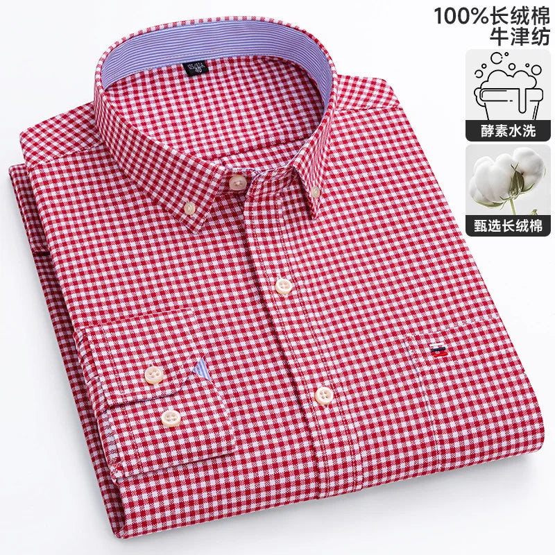 100% Cotton Oxford Casual Shirts For Men Long Sleeved Plaid Striped Soft Regular Fit Formal Single Pocket Social Fashion Blouses