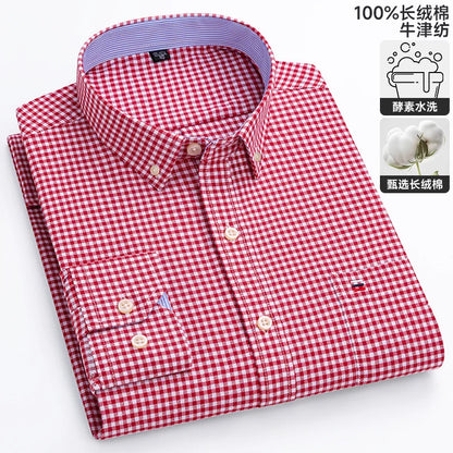 100% Cotton Oxford Casual Shirts For Men Long Sleeved Plaid Striped Soft Regular Fit Formal Single Pocket Social Fashion Blouses