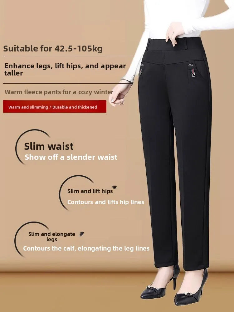 High Waist Fleece Lined Slimming Pants for Middle-Aged And Elderly Women Casual Long Pants Straight Leg Elastic Ankle Pants