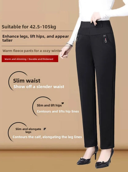 High Waist Fleece Lined Slimming Pants for Middle-Aged And Elderly Women Casual Long Pants Straight Leg Elastic Ankle Pants