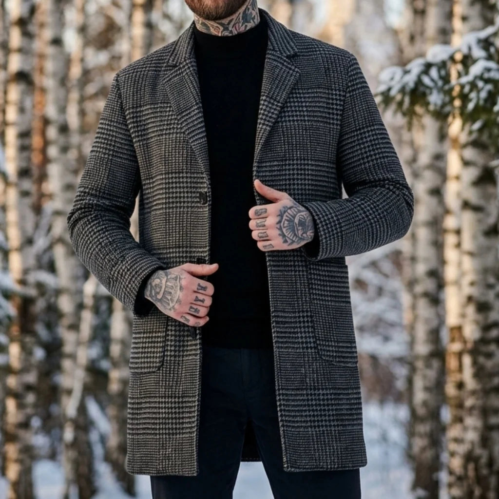 New Winter Men's Trench Coat with Houndstooth Pattern Thickened Lining Windproof Design | Business-Ready Warm Outerwear for Men