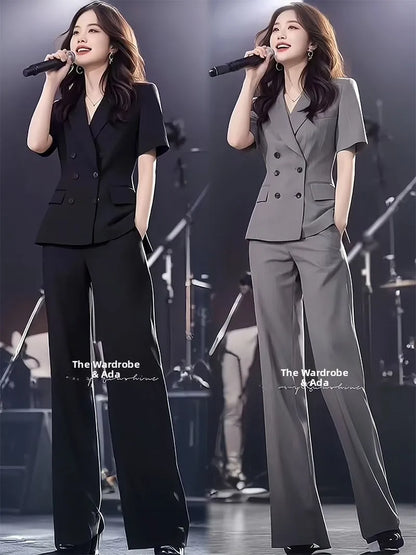 Elegant Short Sleeve Suit Set Women's Summer New Style Powerful Businesslike Top And Pants Two Pieces Set High Waist Pants