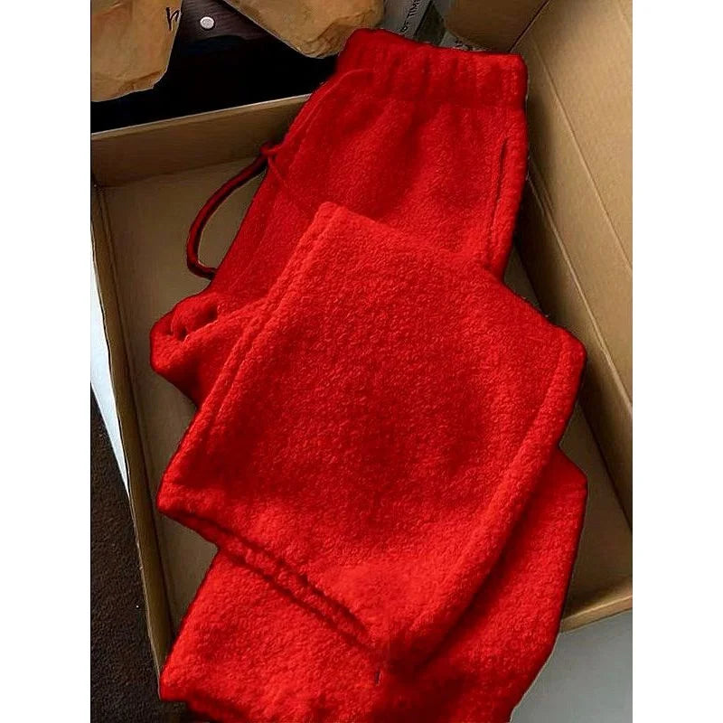 High Waist Thickened Woolen Fleece Wide Leg Pants Women's Winter Warm Drawstring Moccasin Straight Casual Trousers Trendy