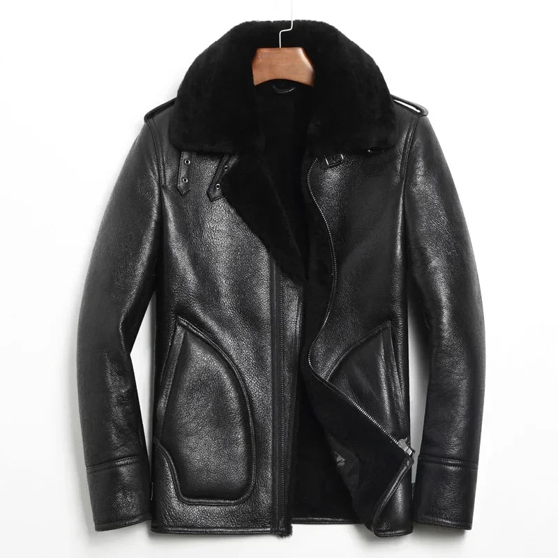 YOLANFAIRY Genuine Leather Jacket Men's Winter Jacket Sheepskin Coat for Men Natural Lamb Fur Bomber Jackets veste 156-1 MY1916