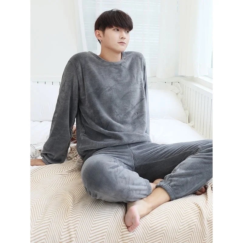 Thickened Fluffy Sleepwear Long Sleeve Men's Coral Fleece Pajamas Warm Home Clothes Set Loose Fit Outerwear in Autumn And Winter