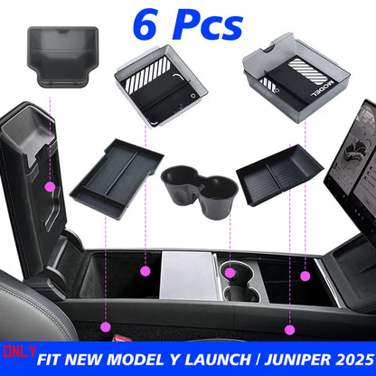 TESY Console & Armrest Storage Box For Tesla New Model YL Y Juniper Launch ABS Silicone Non-slip Mat Upper and Lower Watercup