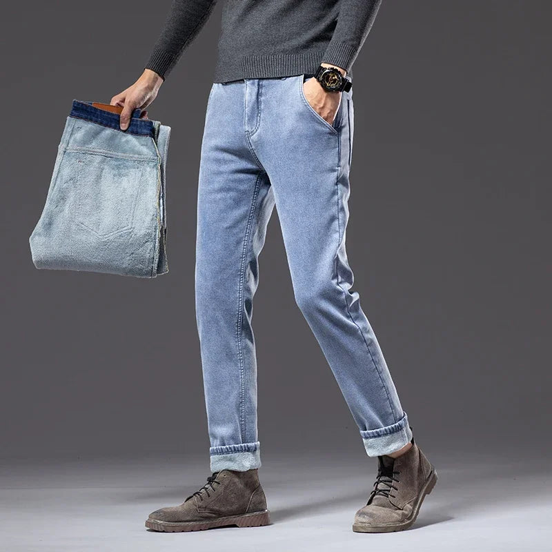 Winter Fleecy Thickened Warm Jeans Vintage Brand Classic Retro Youth Fashion Men Fit Straight Leg Casual Stretch Denim Pants