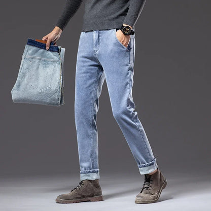 Winter Fleecy Thickened Warm Jeans Vintage Brand Classic Retro Youth Fashion Men Fit Straight Leg Casual Stretch Denim Pants