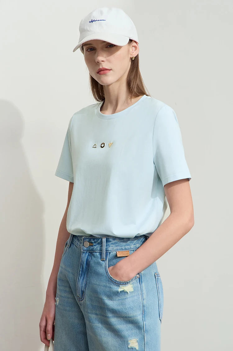 Amii Minimalist T-shirt Women's Tops O-neck Short Sleeves Geometric Decoration Antibacterial Cotton Elastic Casual Tees 12521088