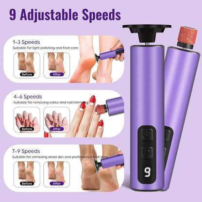 Electric Foot Callus Remover  2-in-1 Electric Foot File Grinder Nail Polisher 9-Speed Feet Pedicure Tool for Dead Skin & Cracked