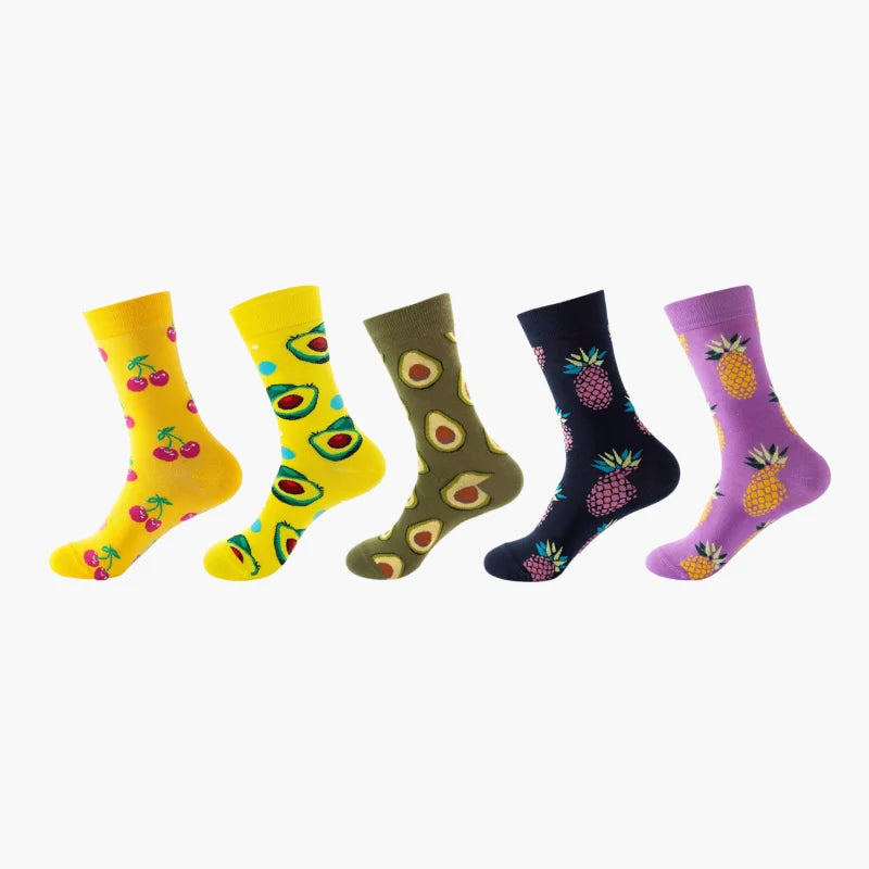5 Pairs Fruit Print Socks Mid-Calf Funny Food Design Pineapple Watermelon Cotton Socks for Men Women Couple EU 37-45 US 6-12