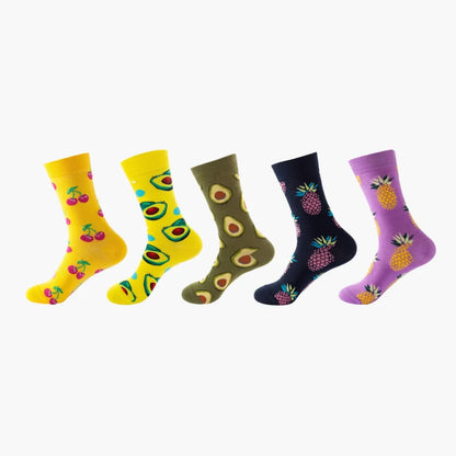 5 Pairs Fruit Print Socks Mid-Calf Funny Food Design Pineapple Watermelon Cotton Socks for Men Women Couple EU 37-45 US 6-12