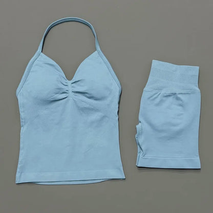 HISTELLO 2 Pieces Sports Set Women Yoga Longline Strap Top Scrunch Seamless Shorts Sport Gym Set Sportswear Workout Fitness Set