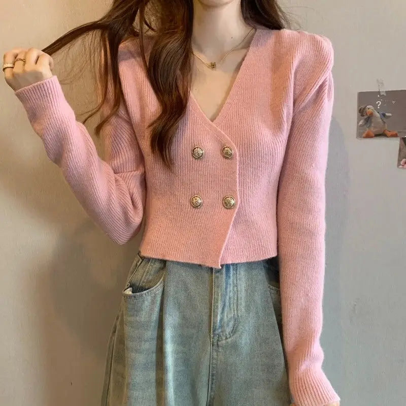 Elegant V-Neck Bubble Sleeve Knitwear Short Top Fashion Trend Neck Hanging Style Girl's French Style Slim Fit Long Sleeve Autumn