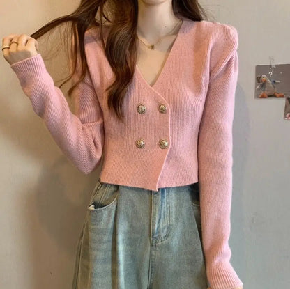Elegant V-Neck Bubble Sleeve Knitwear Short Top Fashion Trend Neck Hanging Style Girl's French Style Slim Fit Long Sleeve Autumn