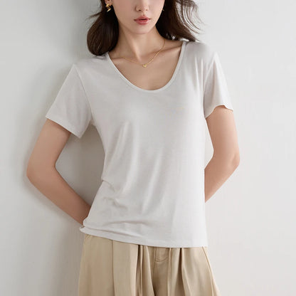Women Lyocell T Shirt U Neck Short Sleeve Summer Slim Fit Basic Casual Top