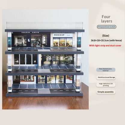 1:64 Scale Parking Garage Model & Dust-Proof Display Shelf - Car Model Diorama, Collectible Vehicle Storage Rack (no car)