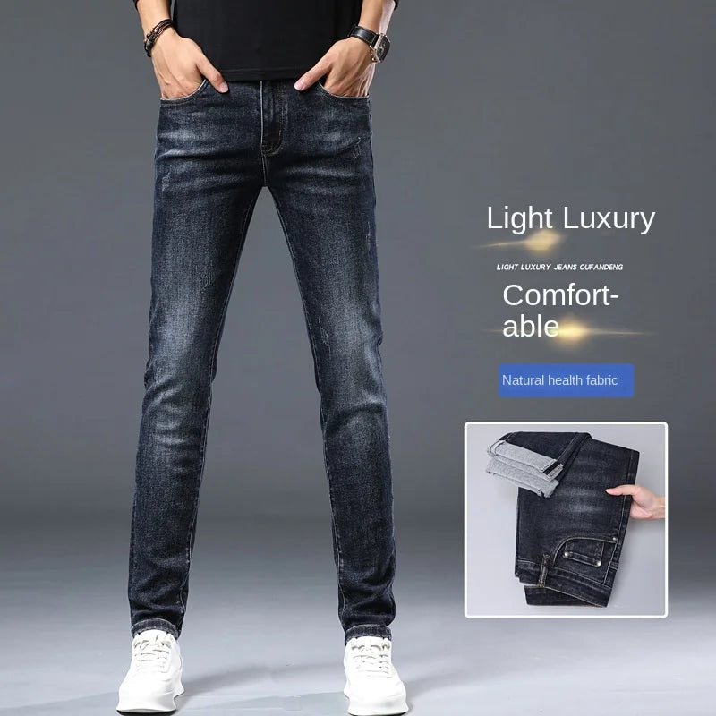 Autumn and Winter Thick Jeans for Men 2024 New Embroidered Fashion Elastic Slim Fit High-End Men's Clothing Denim Trousers