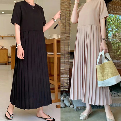 Elegant Short Sleeve Midi Dress for plus Size Women Summer Loose Slimming T-Shirt Long Skirt High Waist Pleated Dress