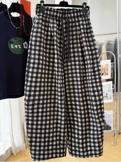 Women Korean Plaid Harem Pants Summer Linen Cotton Elastic Waist Cropped Pants High Grade Casual Loose Fashion Daily Trousers