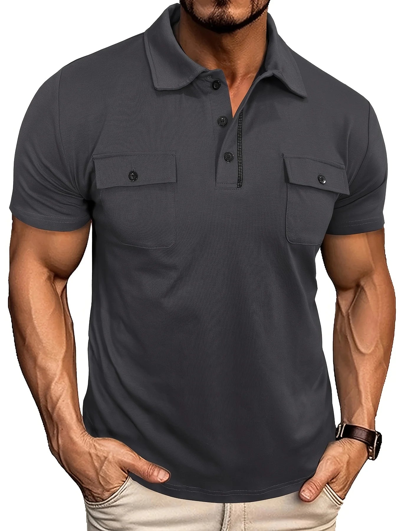 Summer Men's Short-Sleeve Polo Shirt Casual Solid Color Turn-Down Collar T-Shirt Pullover Top Henley Shirt with Pockets