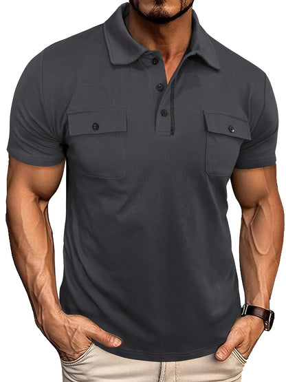 Summer Men's Short-Sleeve Polo Shirt Casual Solid Color Turn-Down Collar T-Shirt Pullover Top Henley Shirt with Pockets