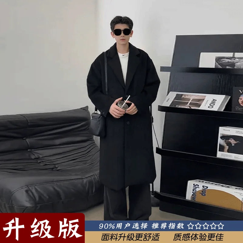 Thickened Mid-Length Woolen Men's Coat Black Intellectual Style Korean British Fashion Winter Outerwear Warm Long Sleeve Coat
