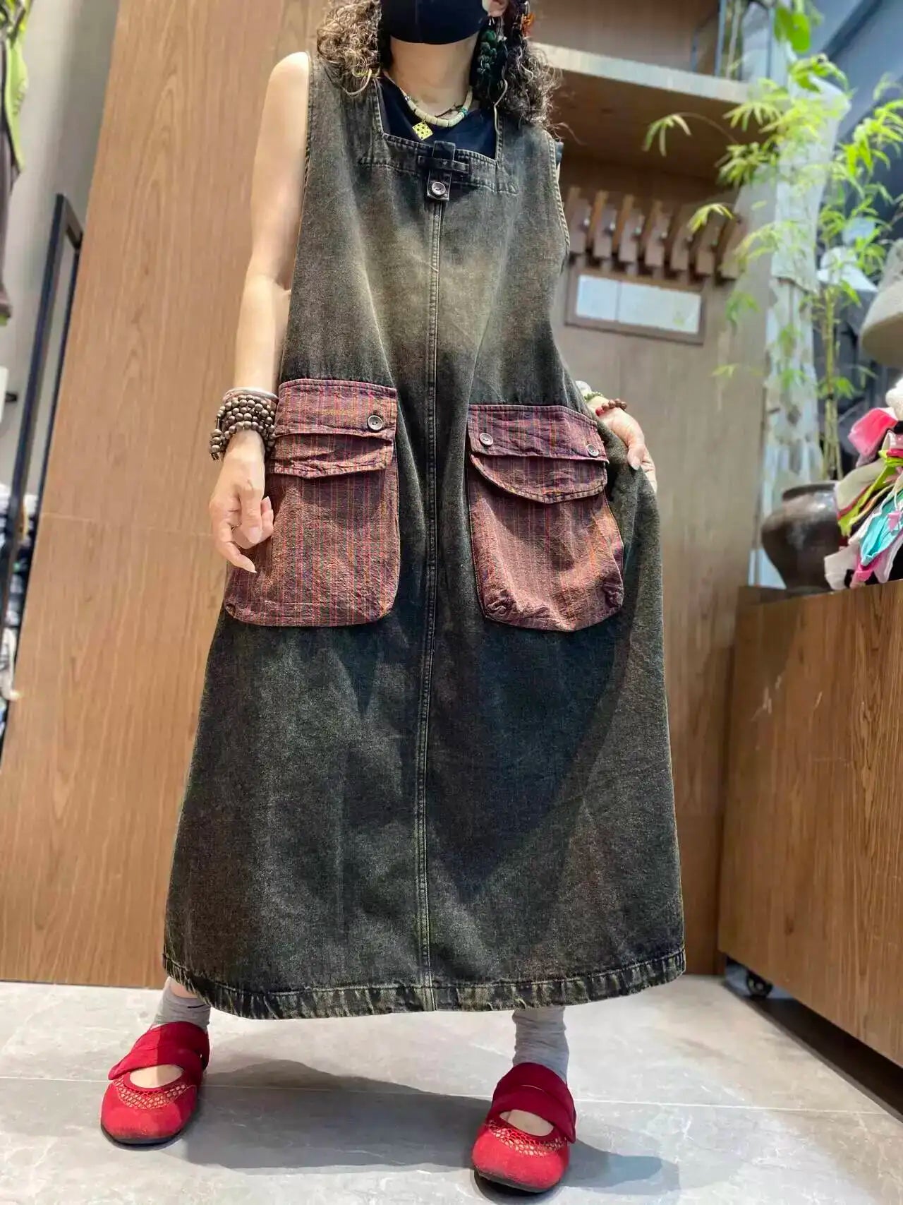 Color-blocked Large Pocket Denim Dress Women Sleeveless Suspender Tank Dress XY326