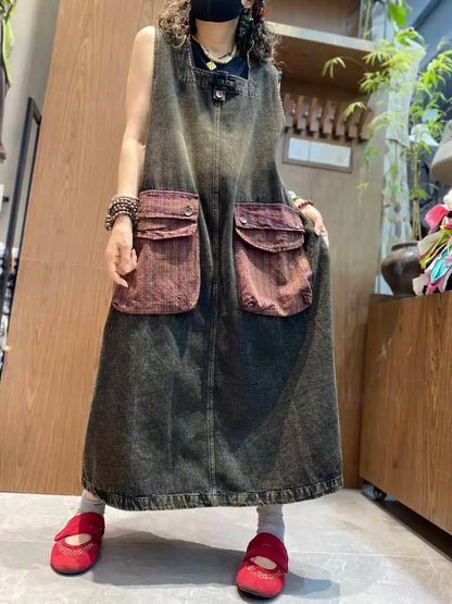 Color-blocked Large Pocket Denim Dress Women Sleeveless Suspender Tank Dress XY326