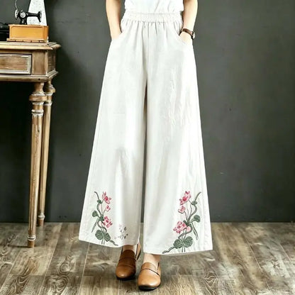 High-End Retro Embroidered Cotton Linen Wide Leg Pants Women Summer Lightweight Breathable High Waist Slimming Casual Travel