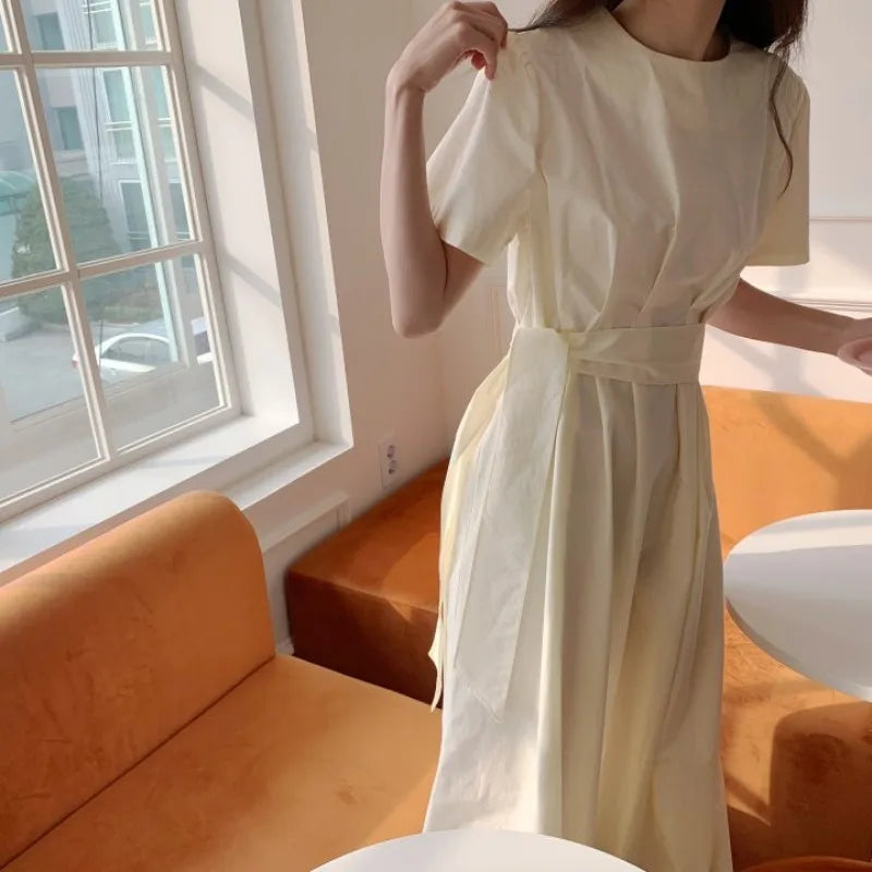 Elegant Pure Color Slim Fit Dress with Belt High Waist Spring Summer Autumn Short Sleeve Casual High Waist Skirt