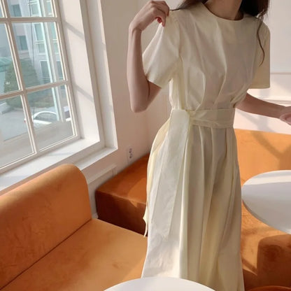 Elegant Pure Color Slim Fit Dress with Belt High Waist Spring Summer Autumn Short Sleeve Casual High Waist Skirt