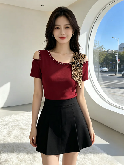 Summer New Off Shoulder Short sleeved T-shirt Korean Fashion Diamond Tops Slim Style Bowknot Women Shirt