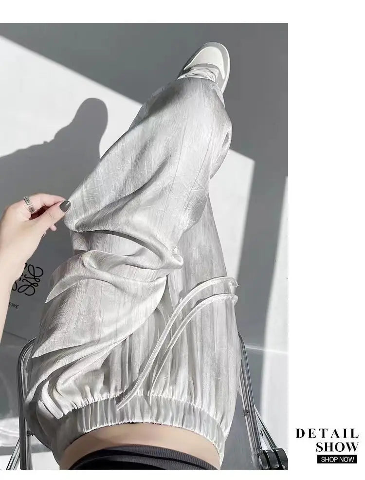Summer Thin Ice Silk Satin Dyed Wide Leg Pants Women Loose Casual Drape High Waist Slimming Pants Ins Straight Leg Elastic Wa...