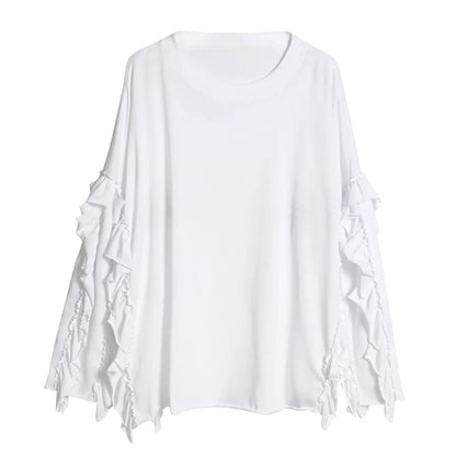 IMAKOKONI Women's White Ruffle Sleeve Oversized T-Shirt Crew Neck Loose Fit Casual Tops Y2K Aesthetic 255348