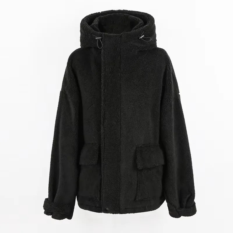 Nerazzurri Autumn Winter Oversized Black Warm Faux Fur Coat Women with Drawstring Hood Long Sleeve Zip Up Fluffy Jacket Menswear