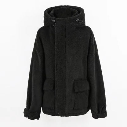 Nerazzurri Autumn Winter Oversized Black Warm Faux Fur Coat Women with Drawstring Hood Long Sleeve Zip Up Fluffy Jacket Menswear